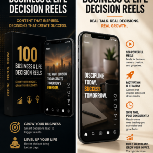 Promotional image for 100 Business & Life Decision Reels, featuring a professional overlooking a city skyline with gold and black branding, growth, strategy, focus, and mindset icons, and the message “Make Better Decisions. Build a Better Life.”