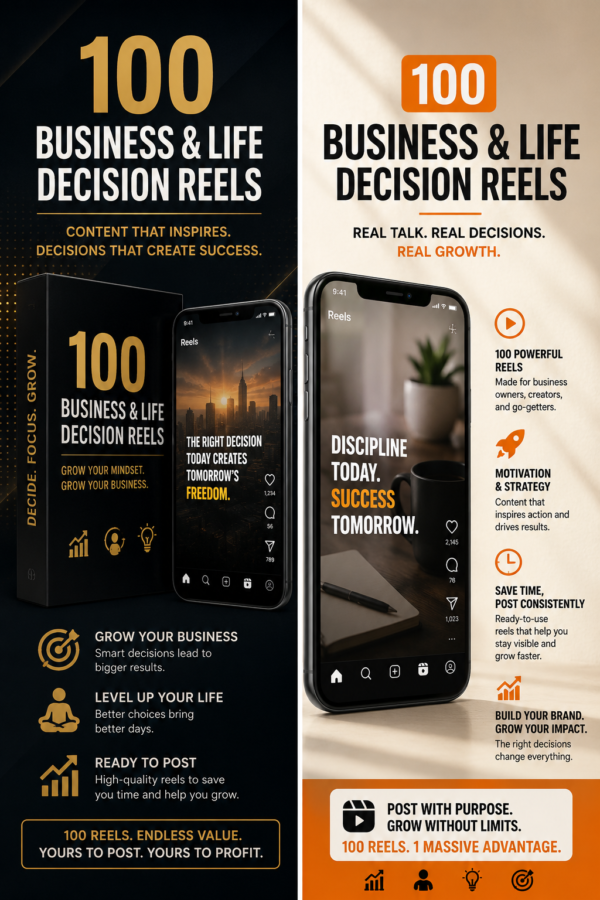 Promotional image for 100 Business & Life Decision Reels, featuring a professional overlooking a city skyline with gold and black branding, growth, strategy, focus, and mindset icons, and the message “Make Better Decisions. Build a Better Life.”