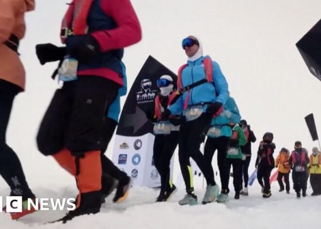 Marathon runners compete on drifting sea ice at North Pole