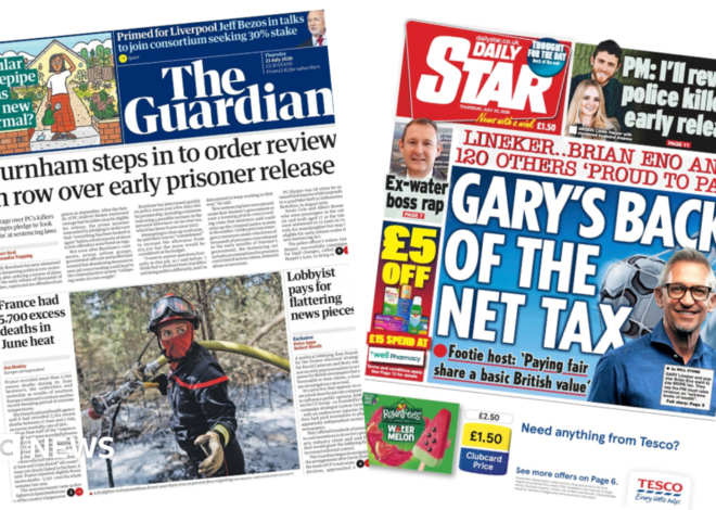 Newspaper headlines: ‘Row over early prison release’ and ‘Gary’s back of the net tax’