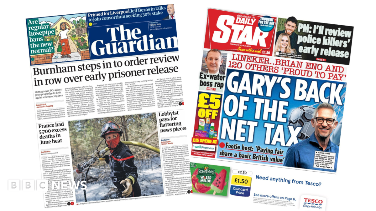 Newspaper headlines: ‘Row over early prison release’ and ‘Gary’s back of the net tax’