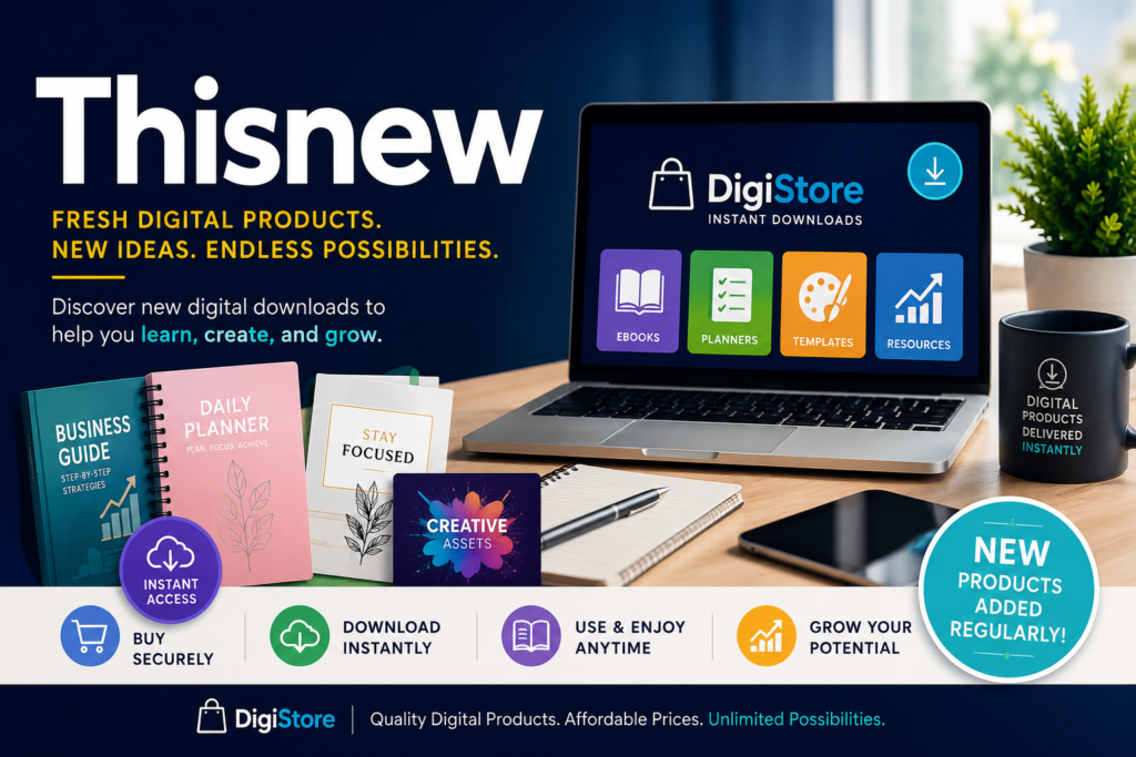 Modern DigiStore featured image showcasing "Thisnew" with a laptop displaying digital downloads, including eBooks, planners, templates, and business resources, alongside productivity items representing instant digital products.