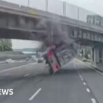 Dashcam video shows moment lorry slams into New York overpass