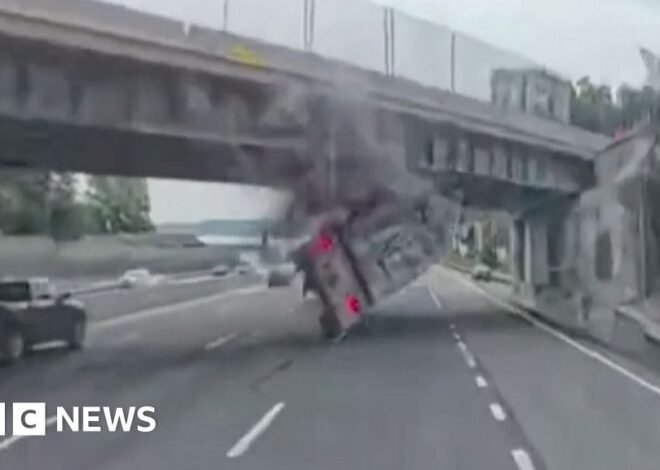 Dashcam video shows moment lorry slams into New York overpass