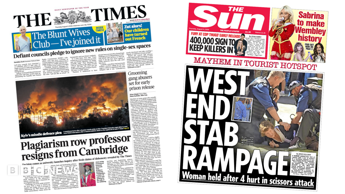 UK papers: 'Plagiarism row professor resigns' and 'West End stab rampage'