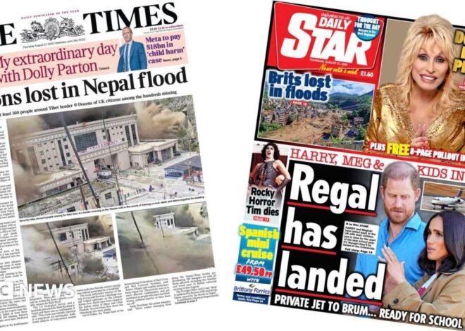 Newspaper headlines: ‘Britons lost in Nepal flood’ and ‘Regal had landed’