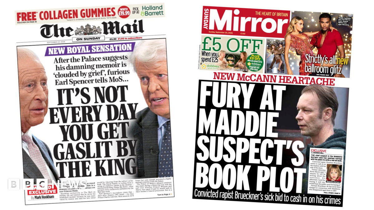 Newspaper headlines: ‘Gaslit by the King’ and ‘McCann suspect’s book plot’