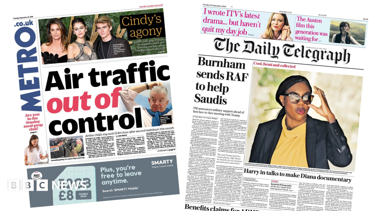Newspaper headlines: ‘Air traffic out of control’ and ‘RAF to help Saudis’