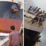 Dramatic moment a cargo ship crashes into another vessel