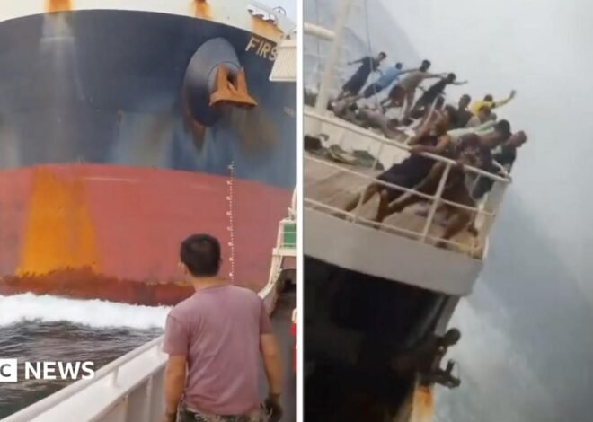 Dramatic moment a cargo ship crashes into another vessel