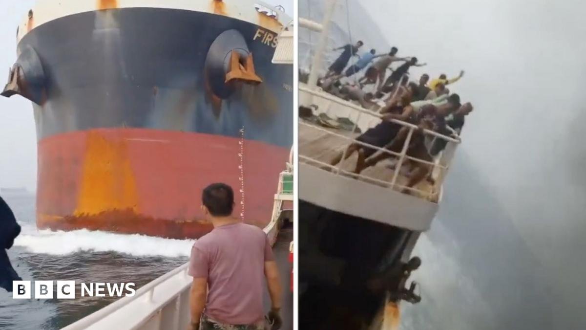 Dramatic moment a cargo ship crashes into another vessel