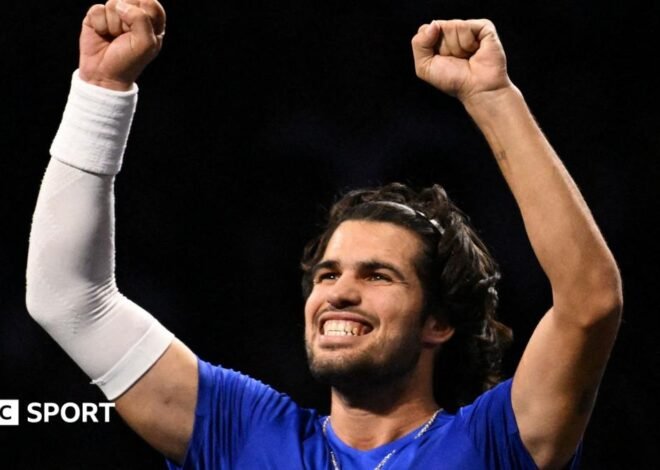 Laver Cup: Carlos Alcaraz saves match points as Team Europe take lead