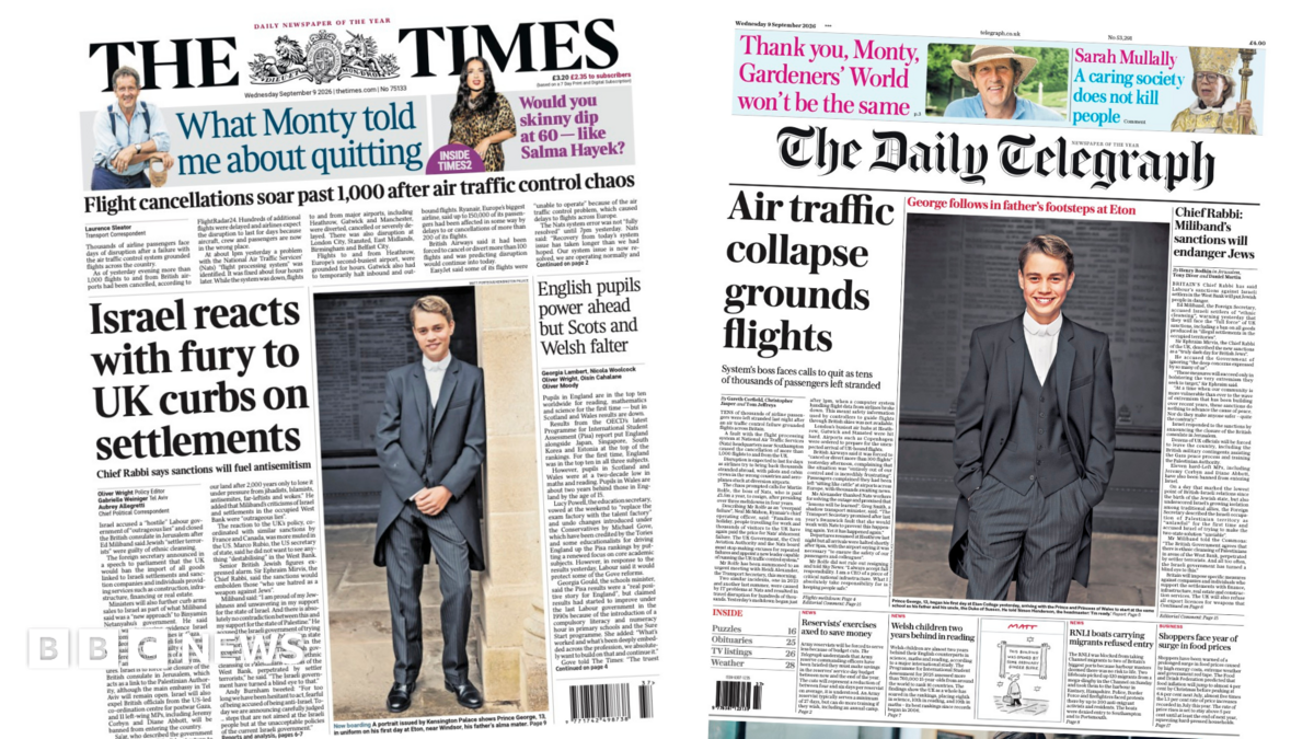Newspaper headlines: ‘Israel reacts with fury’ and ‘air traffic collapse’