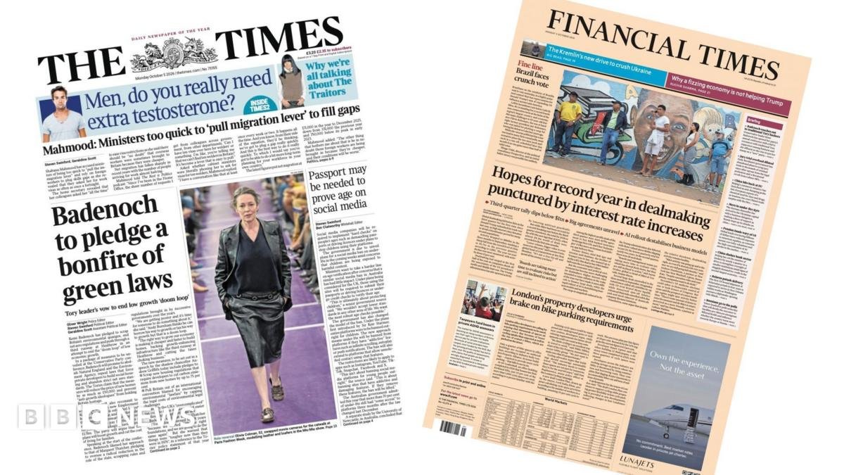The Papers: Badenoch's 'bonfire of green laws' and 'Drop in global dealmaking'